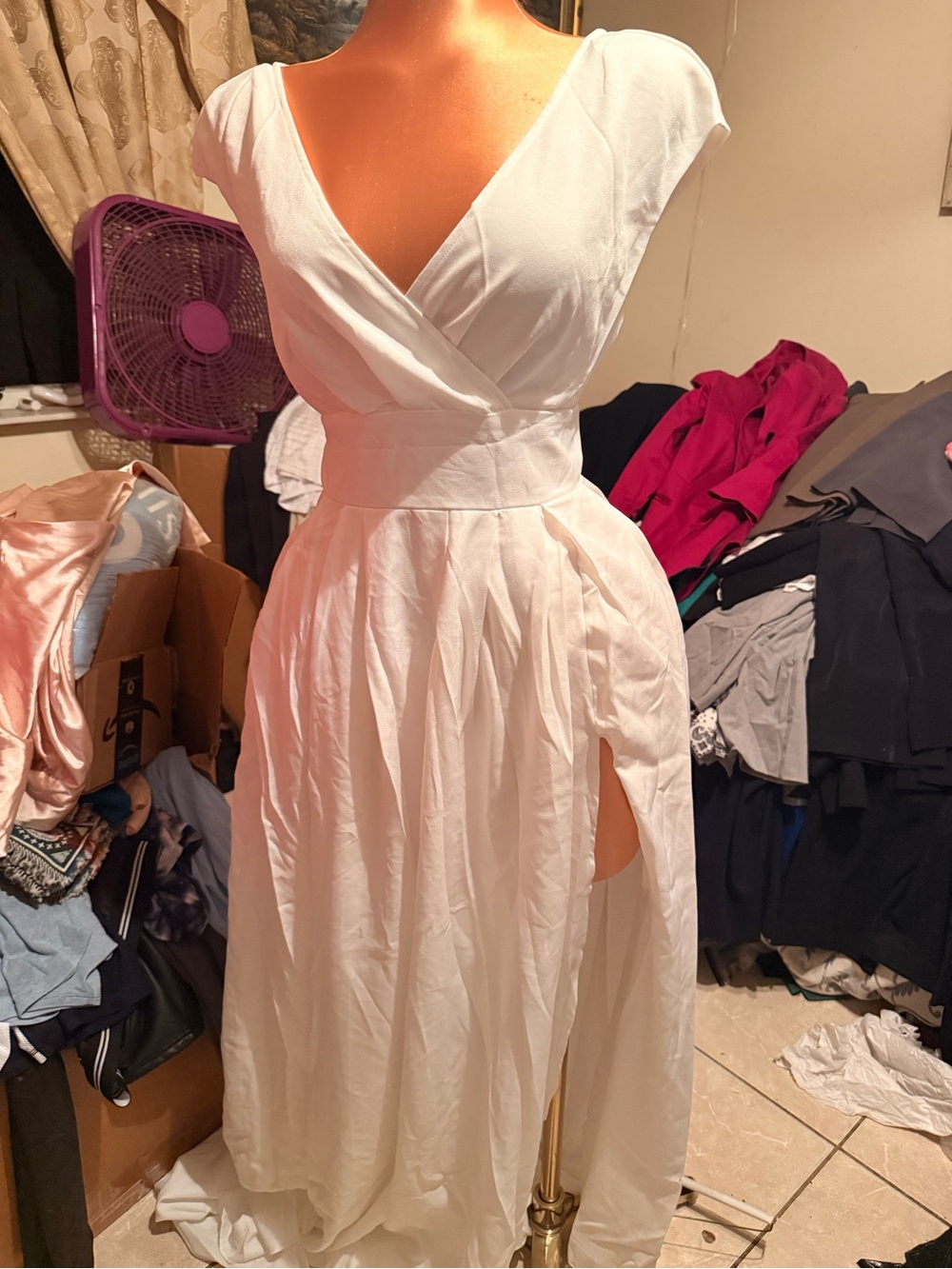 Cap-Sleeve White Wrap High-Low Dress with Side Slit